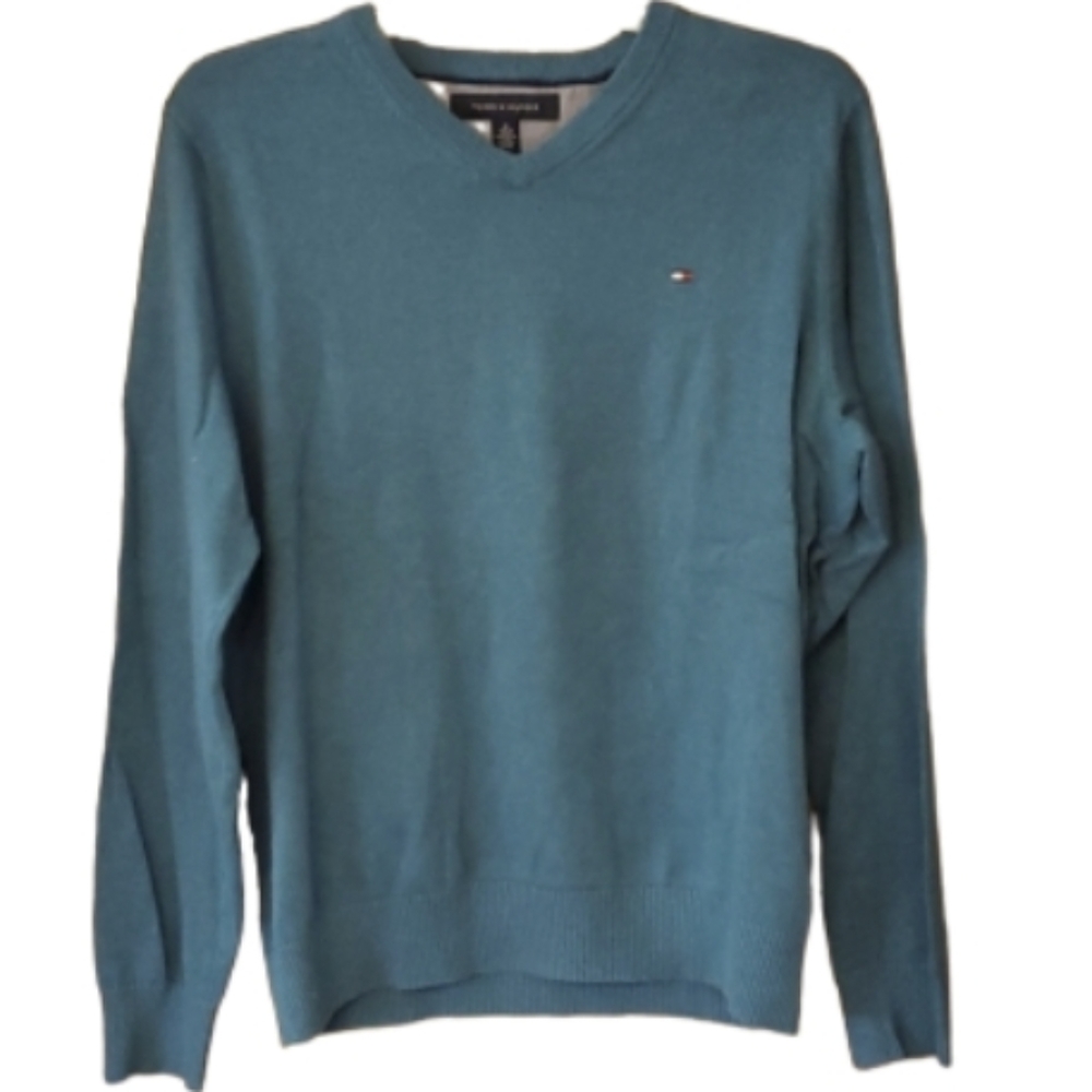 Tommy Hilfiger Mens Turquoise Cotton V Neck Sweater‎ Size Medium